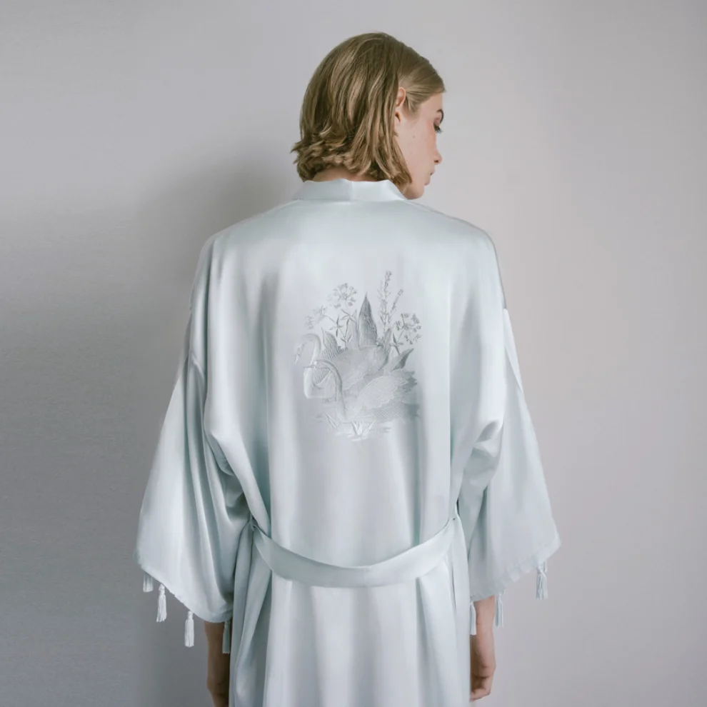 Boon - Ice Blue Swan Silk Kimono