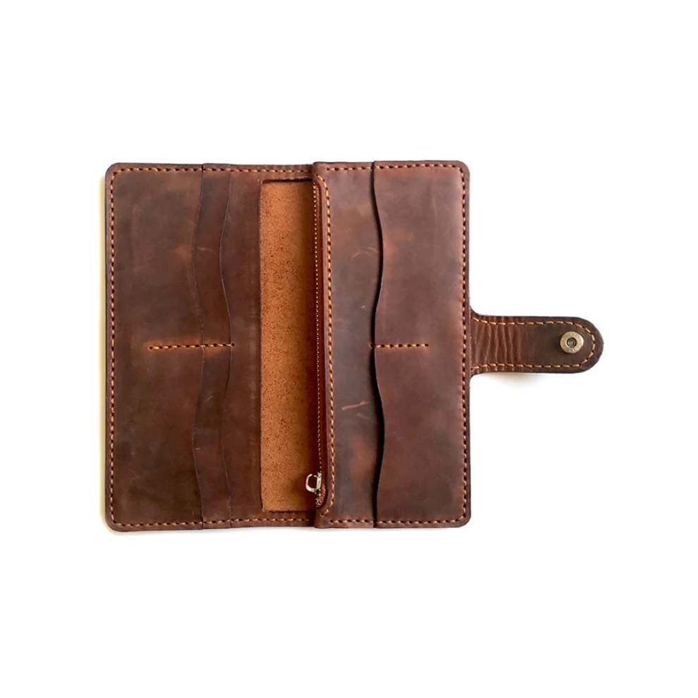 Sakin Leather	 - Brown Maxi Wallet With Snaps