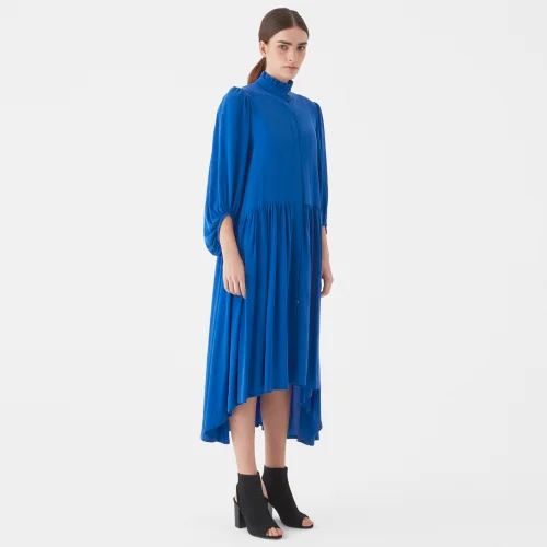 Giyi - Puff Sleeves Mini Ruffled Collar Wide-cut and Asymmetric Cupro