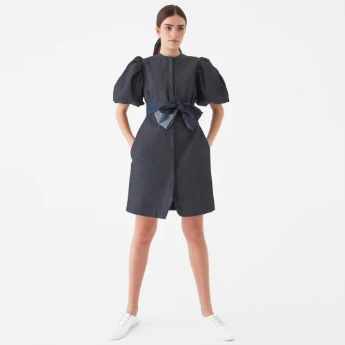 Giyi - Puff Sleeves Straight-cut Mini Organic Denim Dress