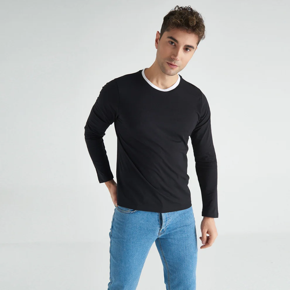 White&B Basics - Neck Detailed Long Sleeve T-shirt - I