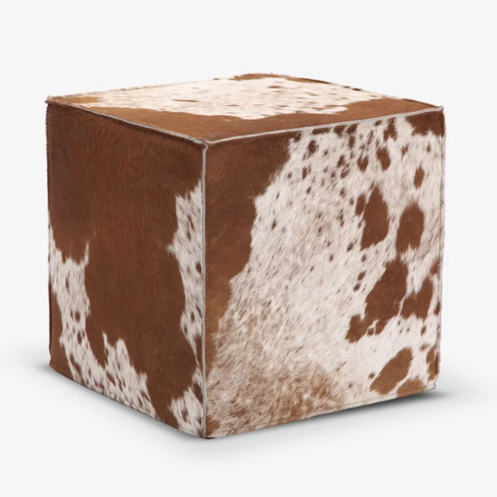 Estetik Decor - Cube Natural Brown Whıte Cowhairon Leather Pouf