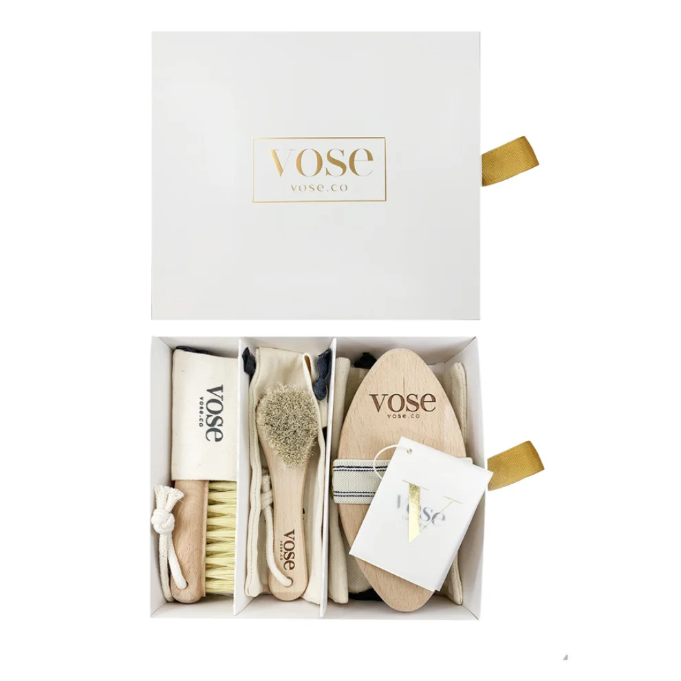 Vose	 - Original Horse Hair Dry Face | Body Brush Set & Natural 100% Nail Brush- Natural Exfoliating Face | Body Brush