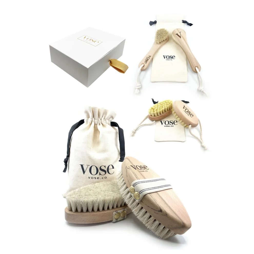 Vose	 - Original Horse Hair Dry Face | Body Brush Set & Natural 100% Nail Brush- Natural Exfoliating Face | Body Brush