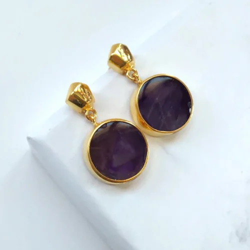 Serenityartwork - Cubic Detailed Circle Amethyst Stone Earrings