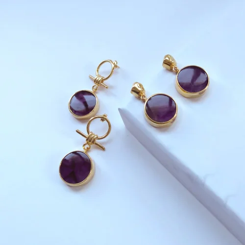 Serenityartwork - Cubic Detailed Circle Amethyst Stone Earrings