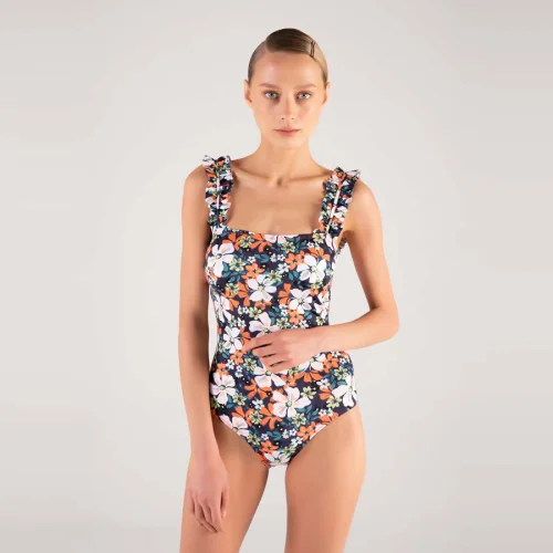 Shikoo Swimwear - Strapless Ruffled Strap Floral Swimsuit