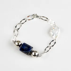 Nora Lapis Stone Silver Bracelet With Majorca Pearl Detail