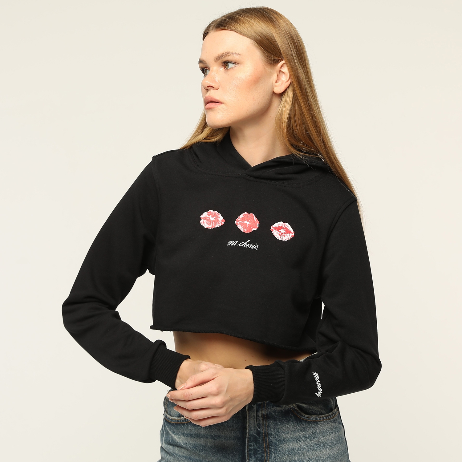 Kabartma Baskılı Crop Top Sweatshirt