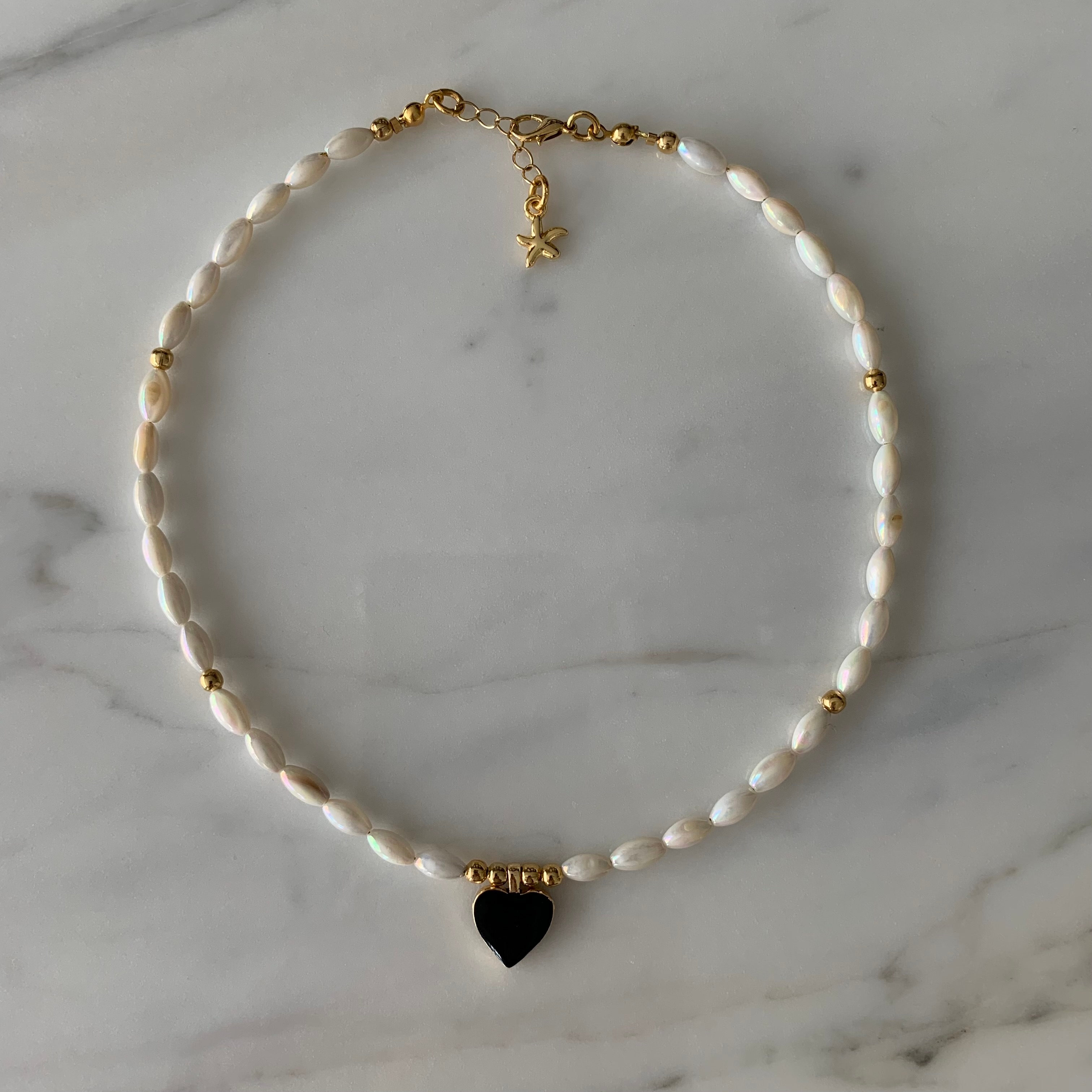 Mother Of Pearl Barley Bead, Gold Heart Detailed Necklace