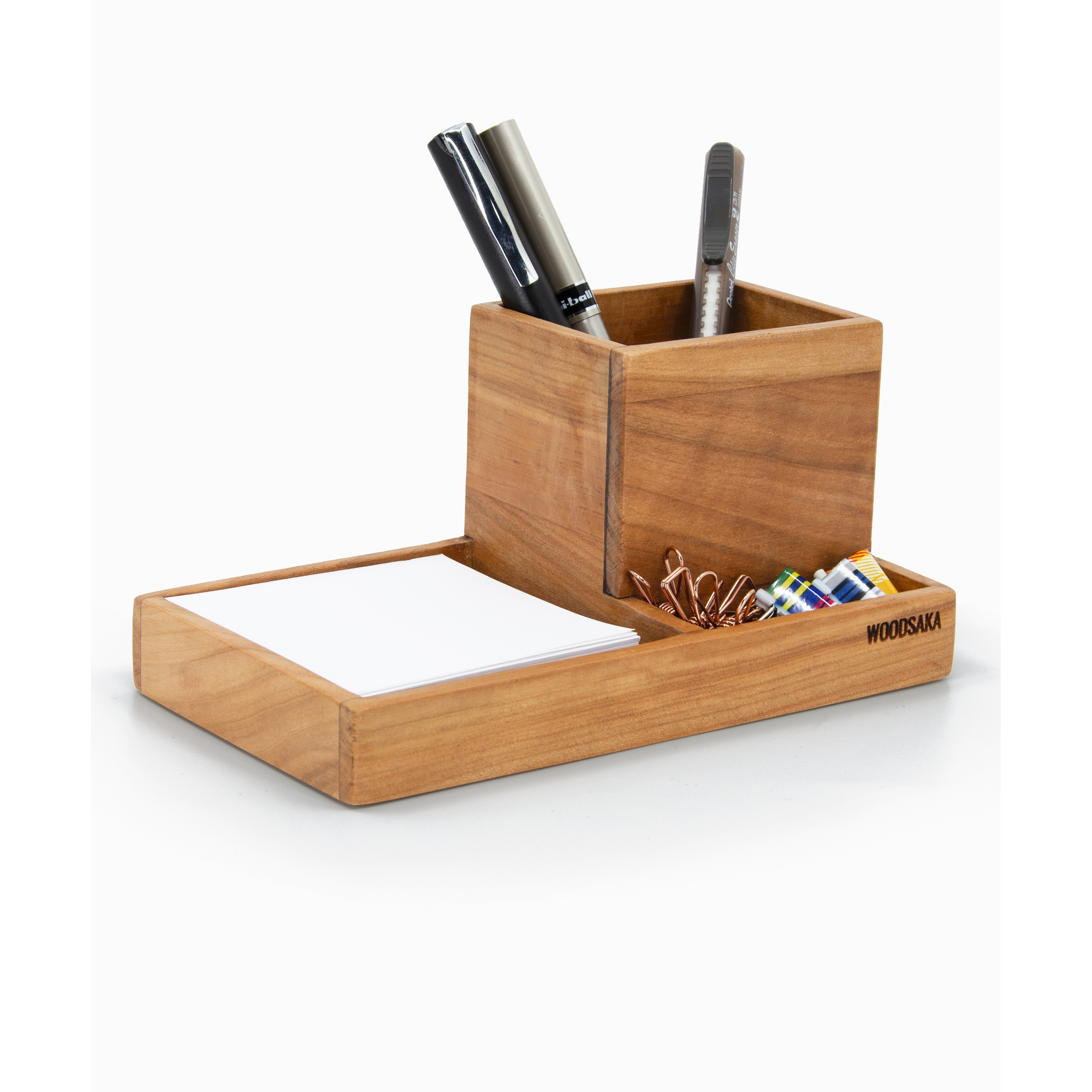 Prokit Multi-functional Organizer - Pen Holder, Note Paper Box &paper Clip Holder Combined - Cherry Wood - 17.5 Cm X 9.8 Cm X 8.5 Cm - Woodsaka