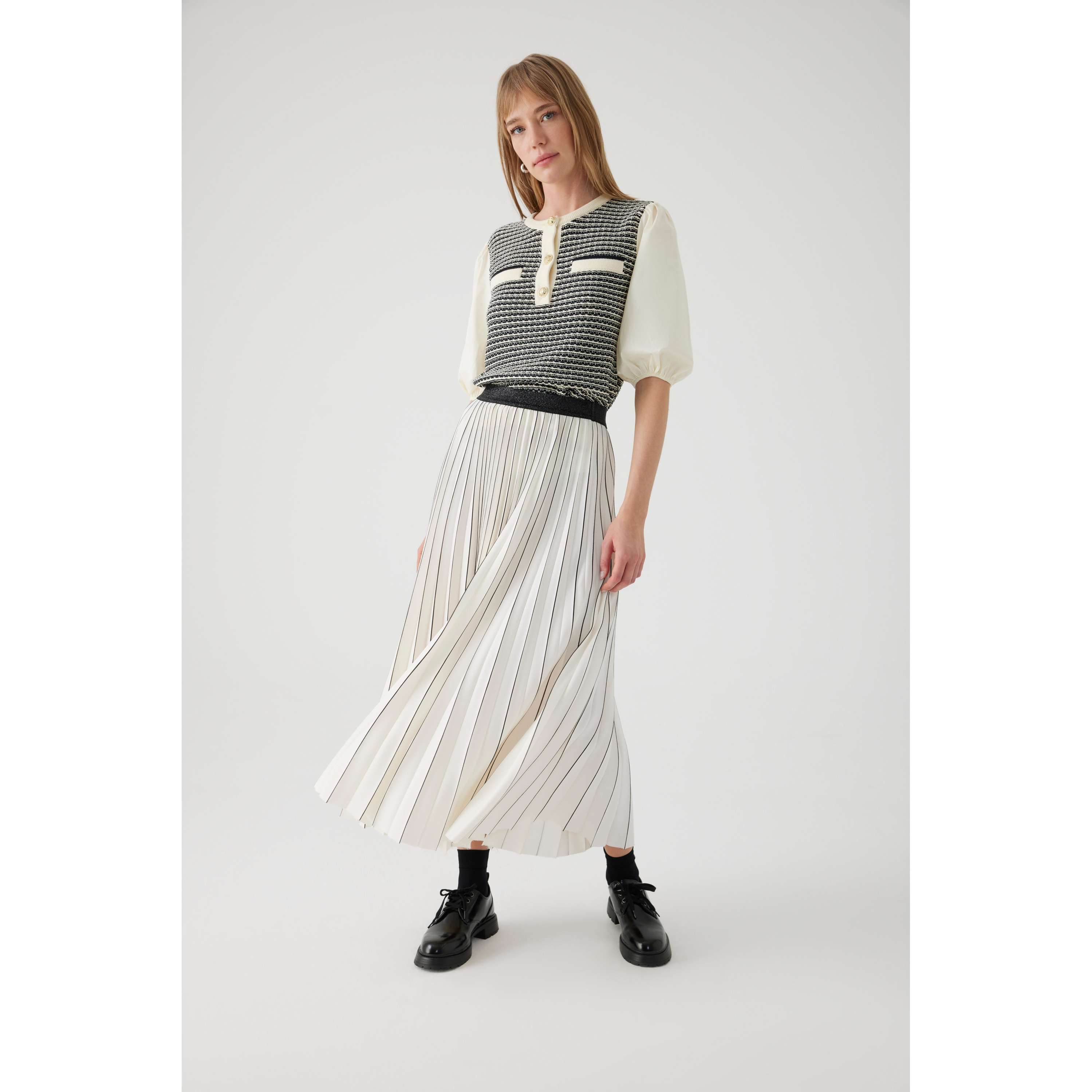 Pleated Regular Hand Painted Bone Midi Skirt