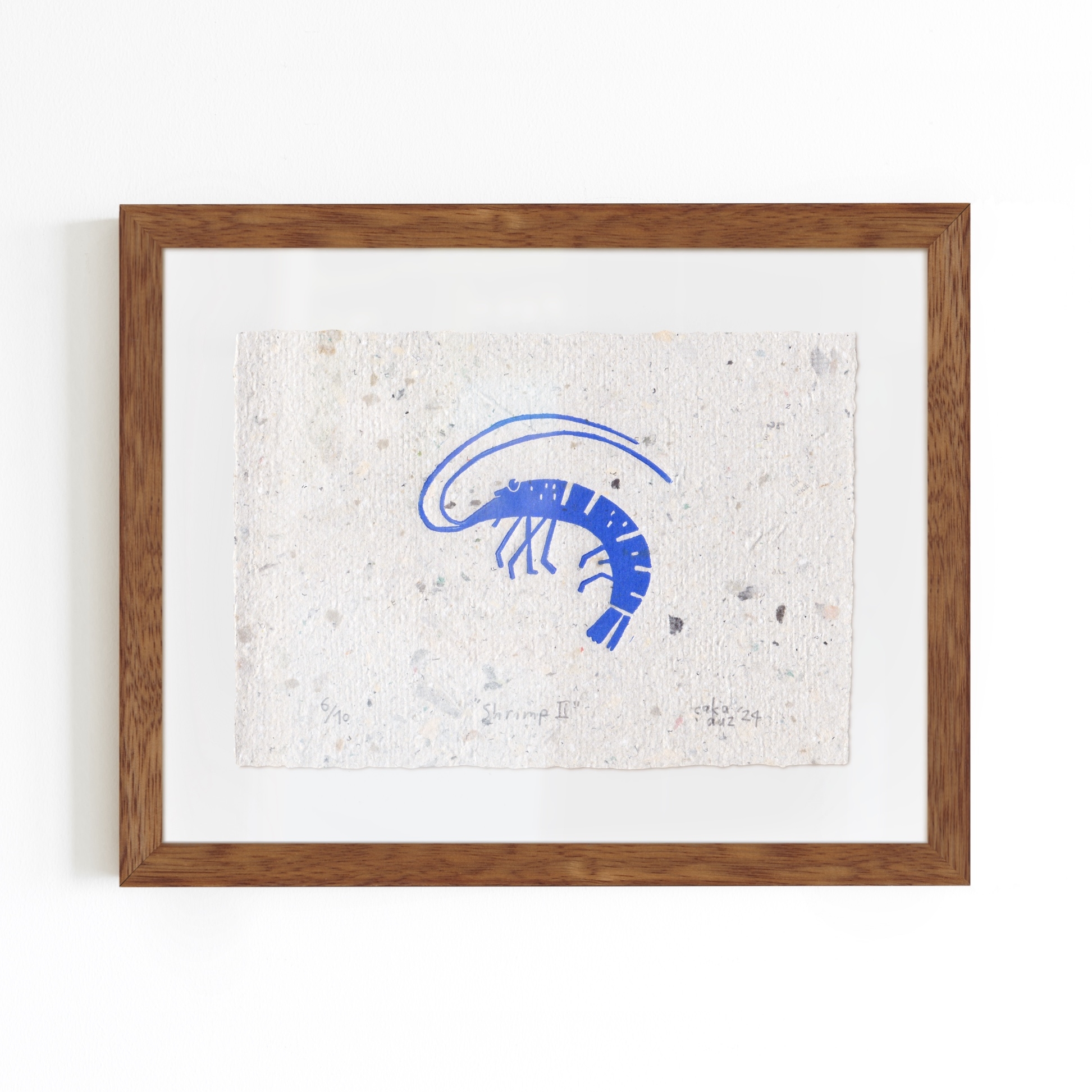 Shrimp Limba Wood Framed Linocut Print