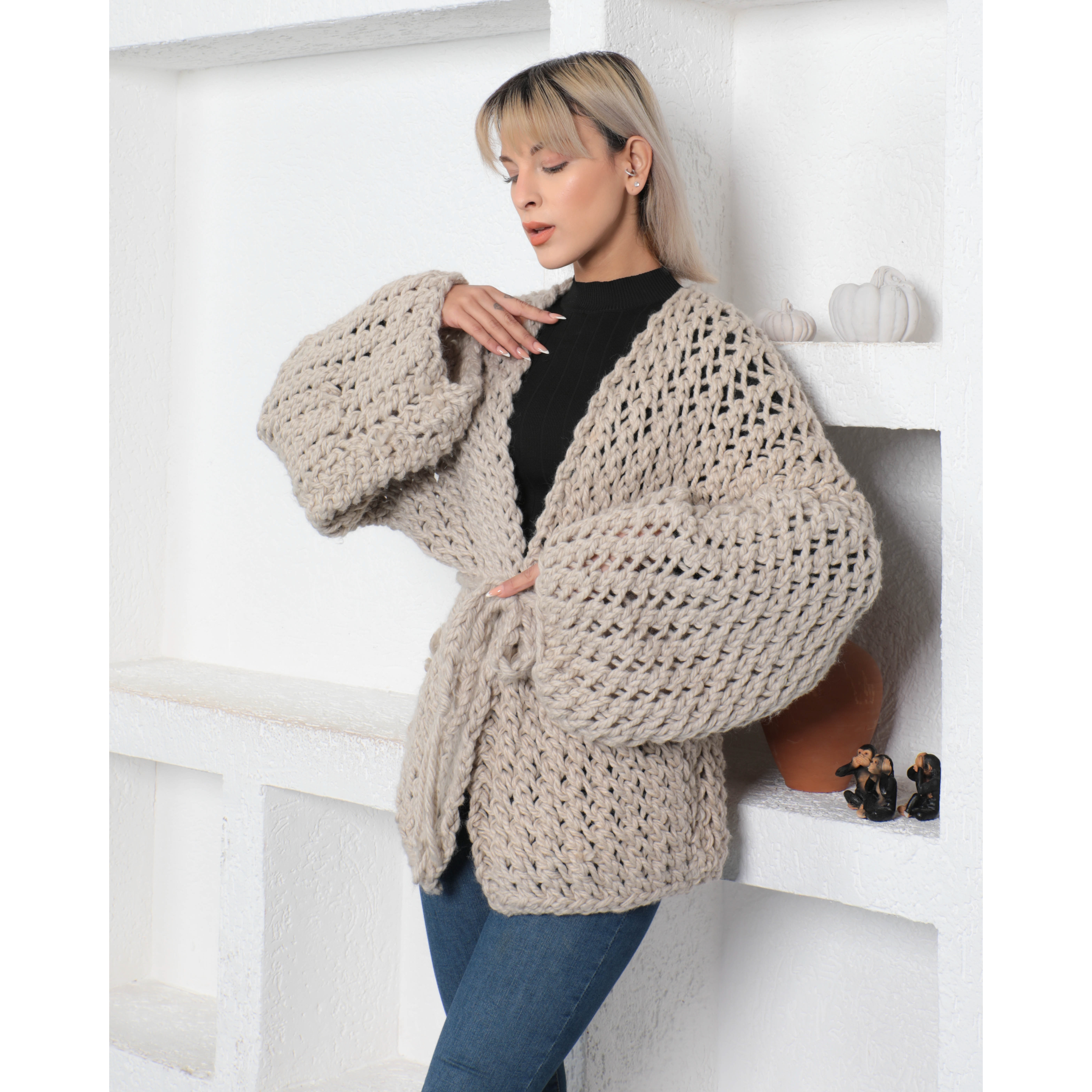 Crochet Oversize Beige Wool Cardigan With Belted For Womens