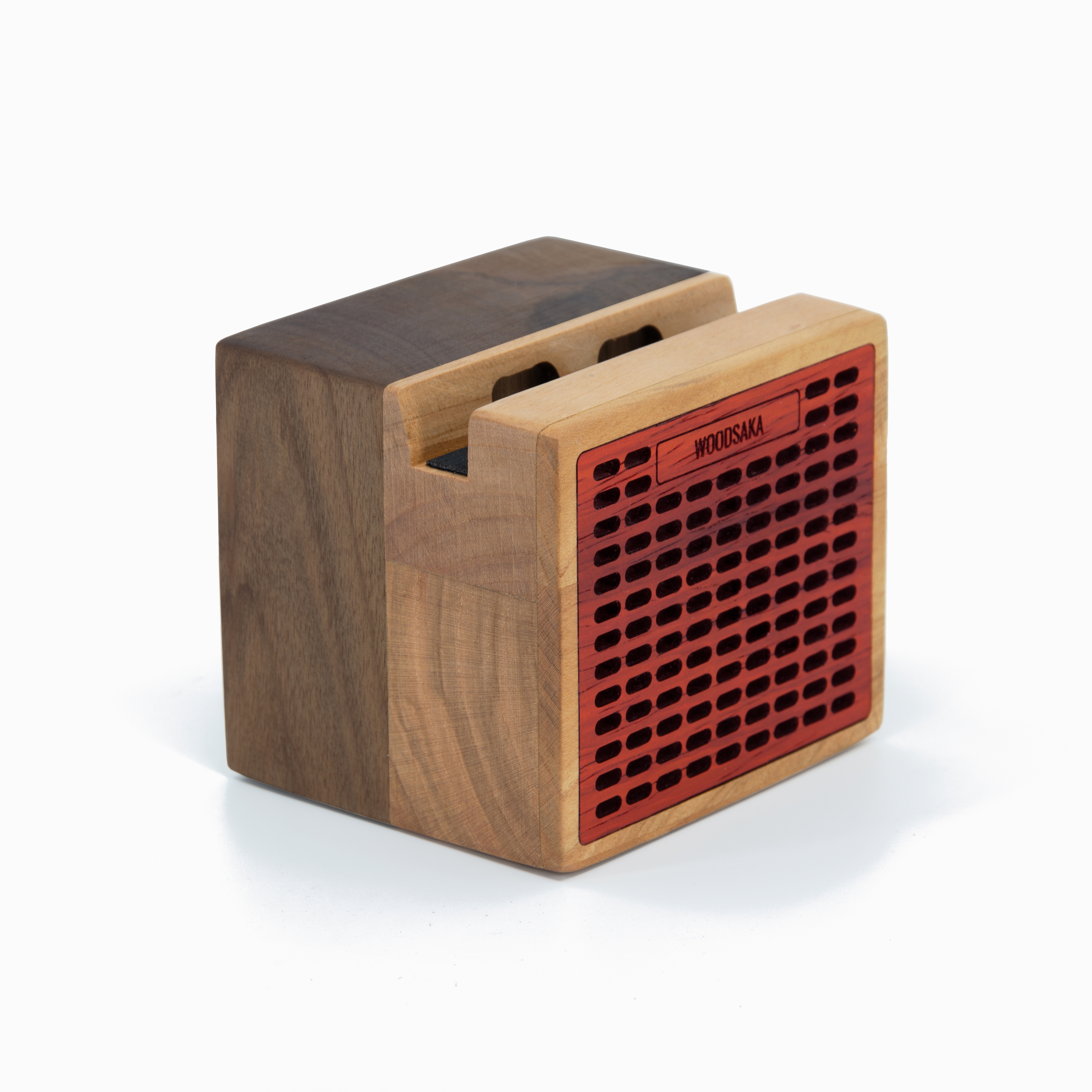 Woodsaka Speaker And Phone Stand Made From Walnut, Cherry, And Padauk Wood