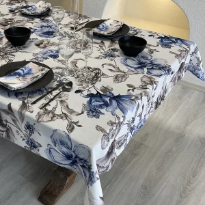Blue Gray Color Floral Print Tablecloth 02